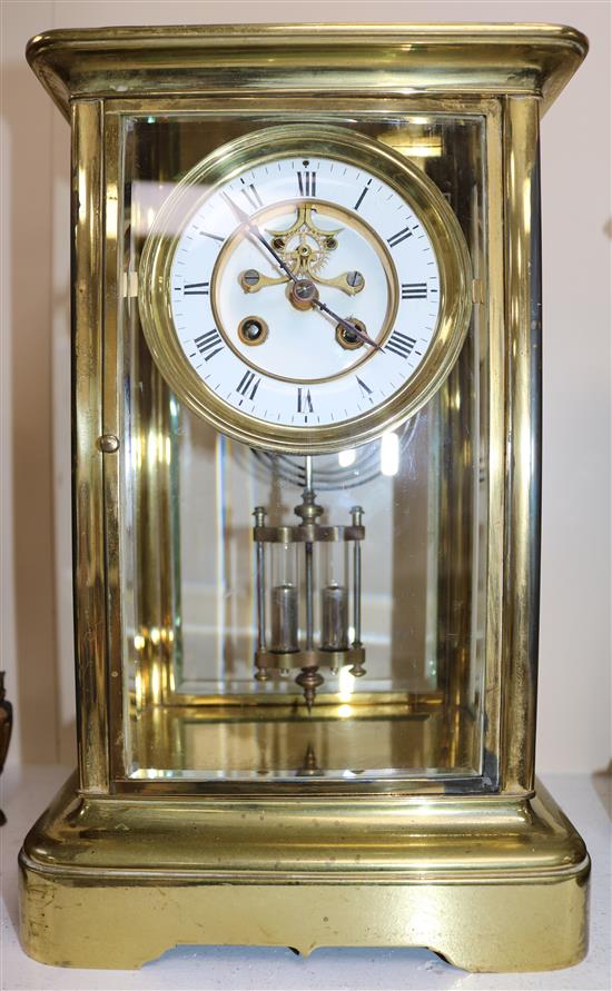 A late 19th century French four glass mantel clock, 14in.